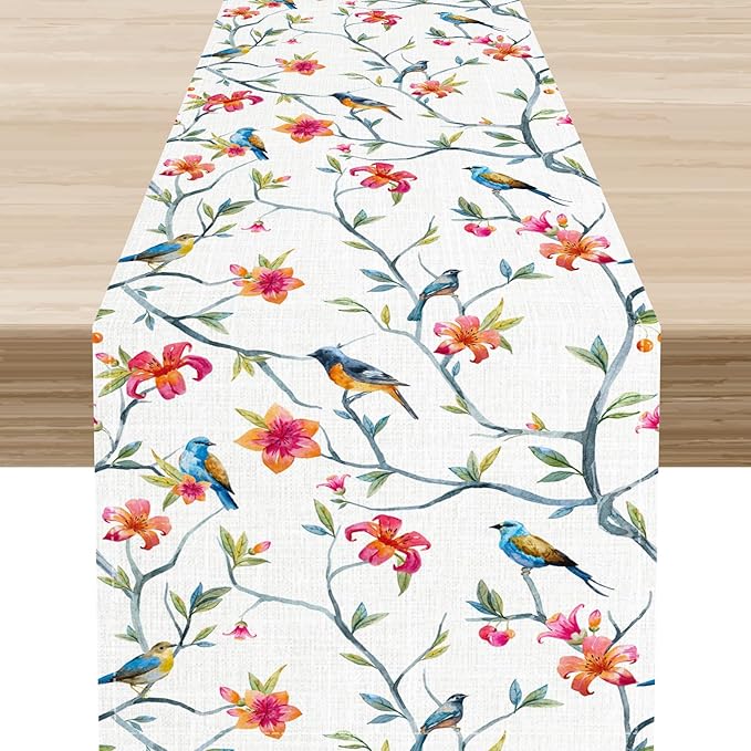 Floral Birds Branches Table Runner, Seasonal Watercolor Spring Flower Blossom Boho Chinese Coffee Table Center Decor for Family Kitchen and Living Room Country Table Decorations, 13" X 36"