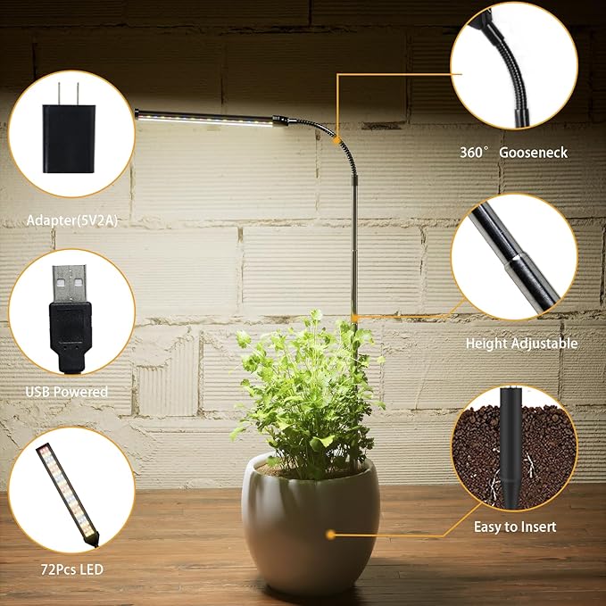 Juhefa LED Grow Light, 6000K Full Spectrum Gooseneck Plant Growing Lamp for Indoor Small Mini Plants, Auto On/Off Timer 4/8/12/18Hrs & 3 Colors Spectrum-2 Pack
