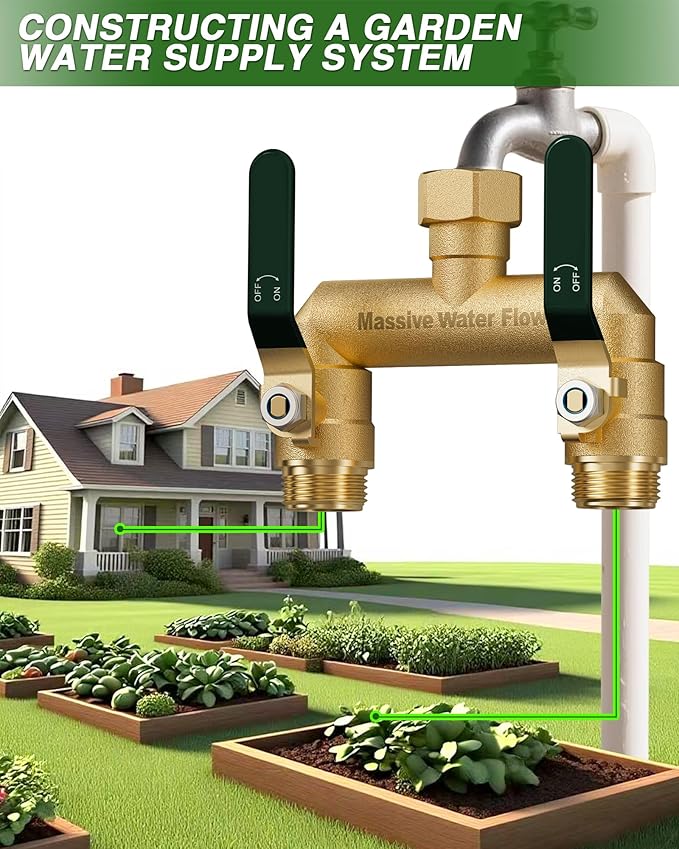 Hose Splitter 2 Way Heavy Duty, Full Flow Garden Hose Splitter with 2 Long Metal Handles, Brass Rust and Freeze Resistant Water Hose Bib Splitter, T Adapter Connector with 3/4 - Inch GHT Thread（Green）