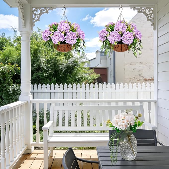 Ammyoo Artificial Flowers in Hanging Basket Planter for Home Spring Summer Decoration, Silk Hydrangea Outdoor Indoor Arrangements, 12" Metal Coconut Lining Basket with Faux Plant(Light Purple)