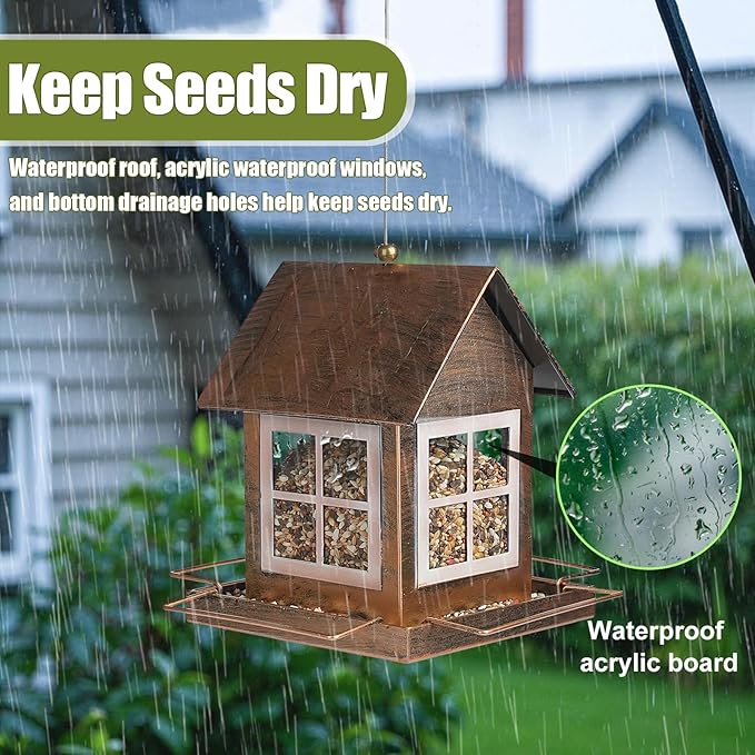 Bird Feeders, Heavy Duty Metal Bird Feeder for Outdoors Hanging, Weatherproof Large Capacity Wild Birdfeeder for Outside Garden Yard, Country House Shape