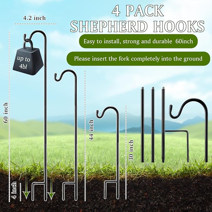 4 Pcs 60 Inch Shepherds Hook for Outdoor Adjustable Bird Feeder Pole Metal Steel Shepard Hooks for Hummingbird Stand Feeder Pole for Garden Plant, Lantern, Hanging Wedding Decor