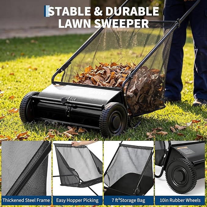 Push Lawn Sweeper, 26-Inch Width, 7 Cu. ft. Hopper Capacity, 4 Spinning Brushes, Adjustable Height, Durable Steel Frame with Rubber Wheels, Ideal for Leaves and Grass