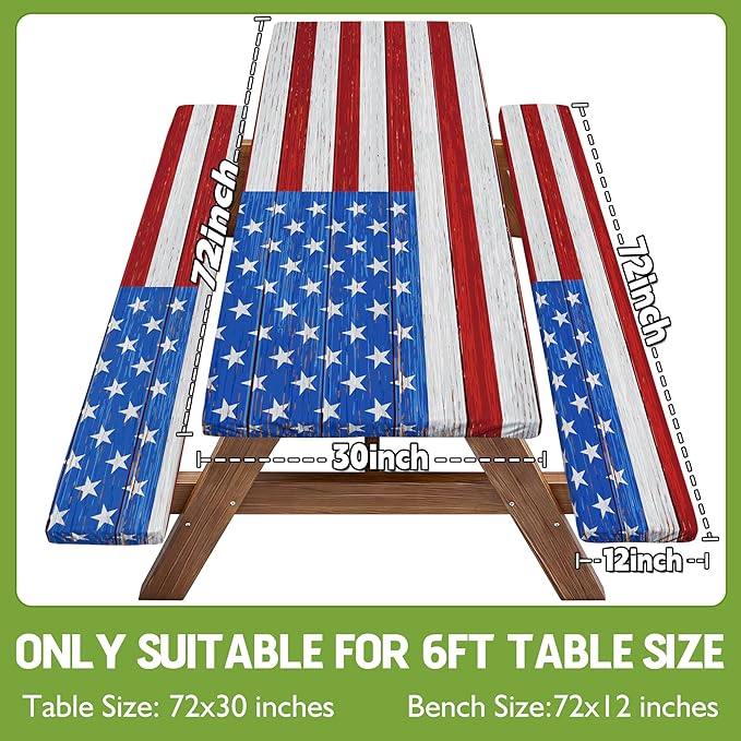 Picnic Table Cover with Bench Covers Waterproof Rectangle Tablecloth Camping Essentials Supplies Rv Travel Gear Must Haves Accessories Fitted Table Cloth Outdoor Road Trip Camper Gifts American Flag
