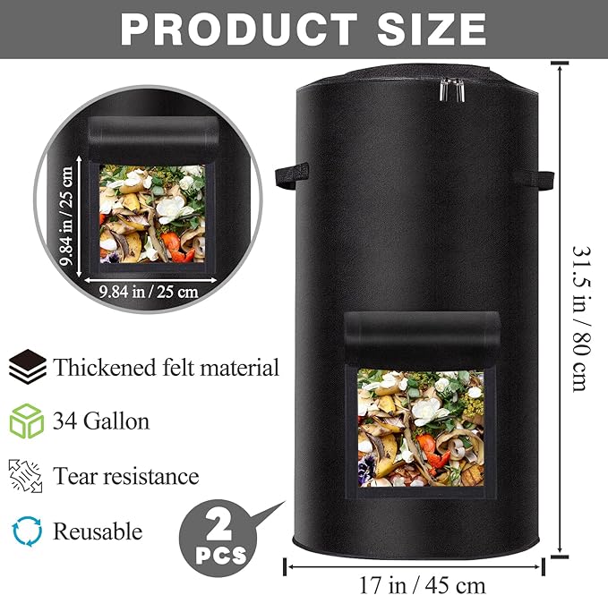 2 Pack Compost Bins Outdoor, 34 Gallon Reusable Home Compost Bucket with Observation Windows for Outside Garden, Backyard, Heavy Duty Nonwoven Fabric Yard Waste Bag