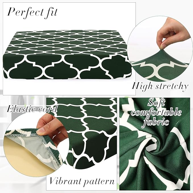 Newwiee 4 Pcs Waterproof Outdoor Cushion Covers for Patio Furniture Stretch Outdoor Couch Cushion Covers Replacement Moroccan Pattern Chair Seat Sofa Slipcovers Soft Flexibility Protector(Dark Green)