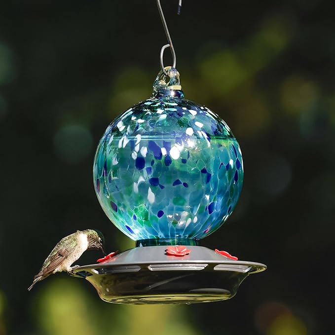 Garden Globe Handblown Recycled Glass Hummingbird Feeder for Outdoor Décor, 19 Ounce Capacity Nectar Feeder, 4 Removable Easy Clean Ports, Blue