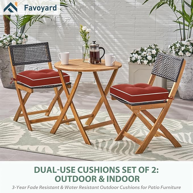 Favoyard Patio Chair Cushions 17 × 17 Inch Water Resistant & 3-Year Color Fastness Outdoor Chairs Cushion for Seat Dining Rocking Wicker Chair Cushion with Tie Straps Tufted Square Pads, Red, 2 Pack