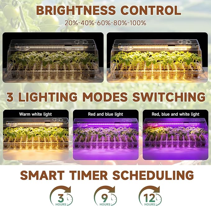 Seed Starter Tray with Grow Light, Seed Starter Kit Full Spectrum with 5 Dimmable Brightness & Timer, Indoor Plant Grow Tray for Beginners & Seasoned Gardeners, Gardening Gifts (White, 72 Cells)