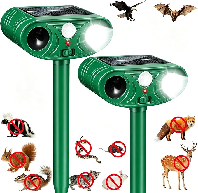 2 Pack Sonic Fortress Pro Deer Repellent Solar Animal Repeller Outdoor, Cats Deterrent Ultrasonic Animal Deterrent with Flashing Light, Deer Rabbit Squirrel Raccoon Fox Cat Repellent for Garden