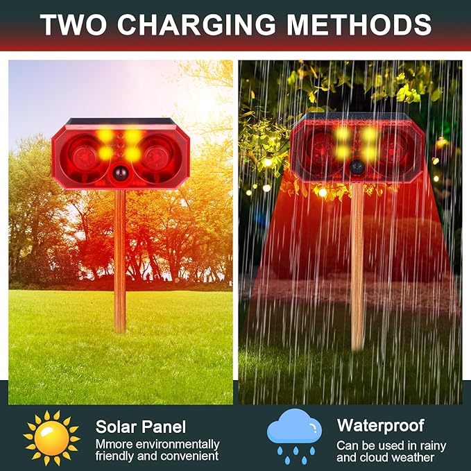 Qualirey 6 Pcs Solar Outdoor Motion Sensor Alarm Motion Sensor Animal Deterrent Dog Barking Alarm 13 Sound 130dB Loud Noise Maker 4 Mode with USB Remote Control Support Recording Volume Adjustment