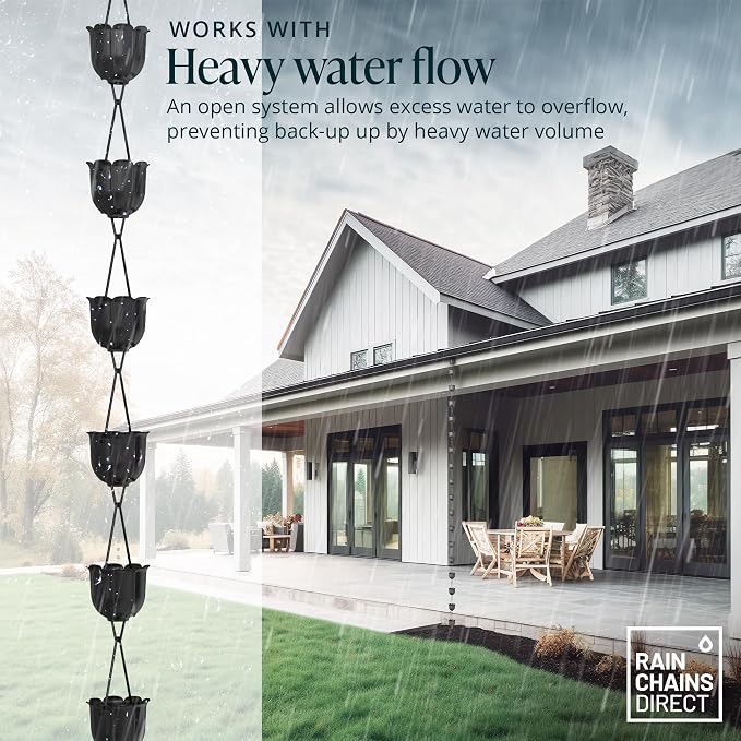 Rain Chains Direct - Flutes Rain Chain - 8.5 FT - Durable Black Powder-Coated Aluminum - Premium Rain Chains for Gutters