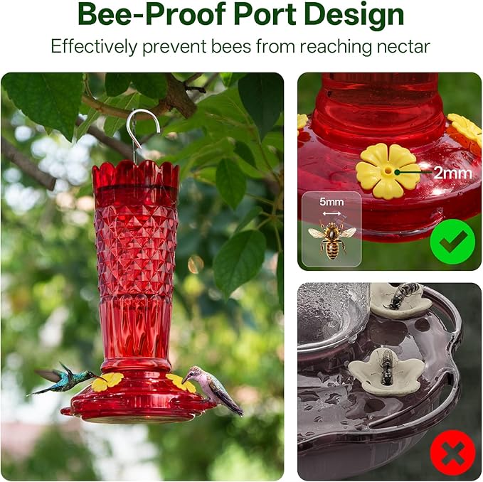 Plastic Hummingbird Feeders for Outdoors Hanging, 2 Pack 14OZ Ant & Bee Proof Humming Bird Feeder, 4 Feeding Ports Leak Proof Hummingbird Feeder for Outside Garden Decor, Gifts for Women Mom, Red