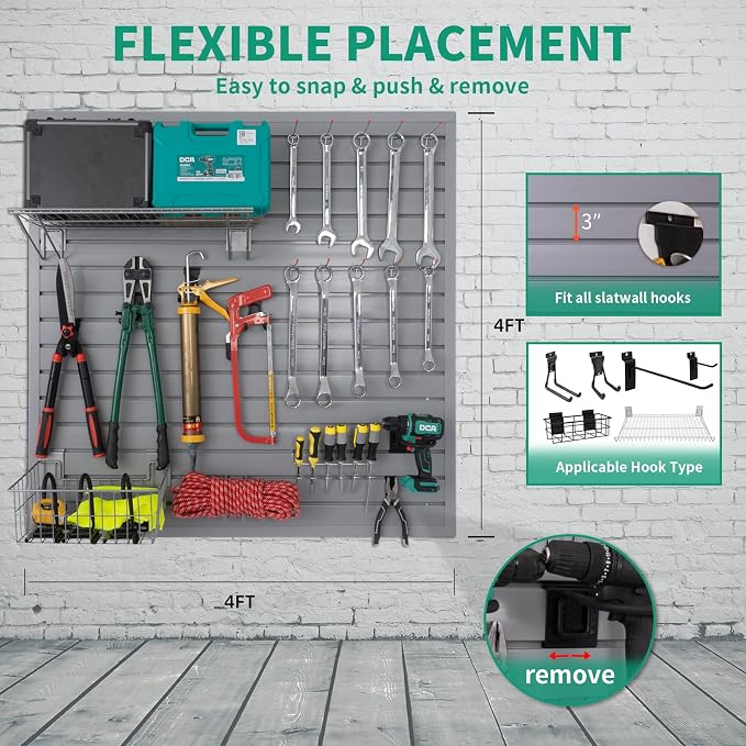 FRAYSCENT Slat Wall Paneling Garage Slat Wall Storage Systems Slatwall Panels Power Tool Organizer Wall Mount, PVC Garage Storage & Organization Products Slate Board (Grey, 4ft x 4ft)