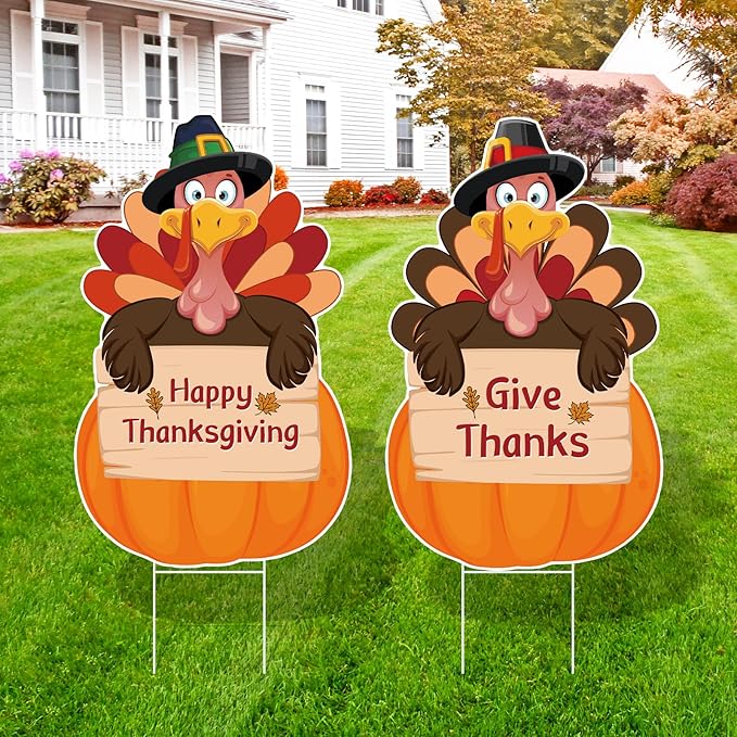 Large Thanksgiving Yard Signs 2pc with Stakes Turkey Pumpkins Give Thanks Happy Thanksgiving Decorations Outdoor Harvest Garden Signs Seasonal Holiday Party Supplies Lawn Yard Decorations