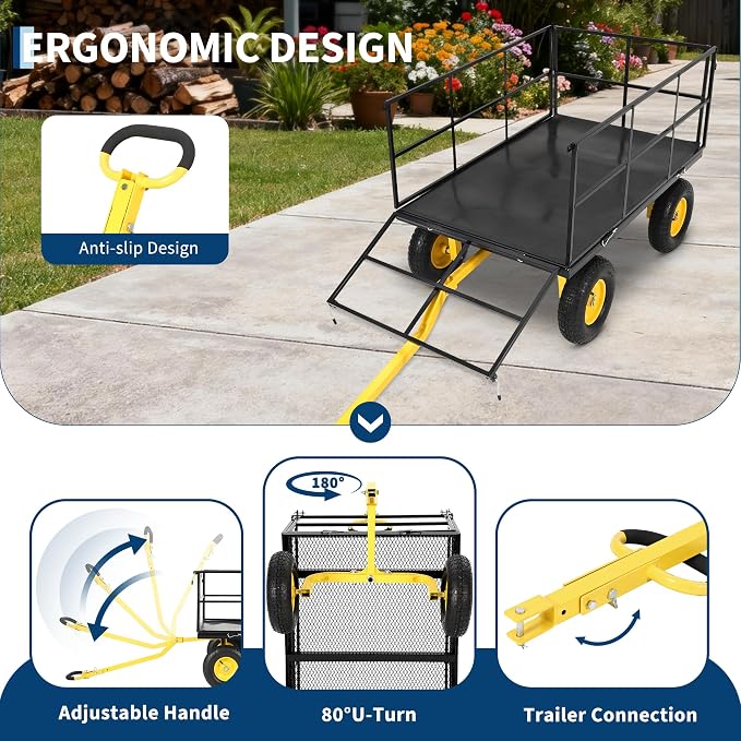 Garvee 1500 LB Garden Dump Cart with 13 in All Terrain Tires, 3-in-1 Yard Wagon Cart with Removable Side Panels, Heavy Duty Outdoor Metal Utility Wagon Yard Trailer for Outdoor Lawn, Yard, Backyard