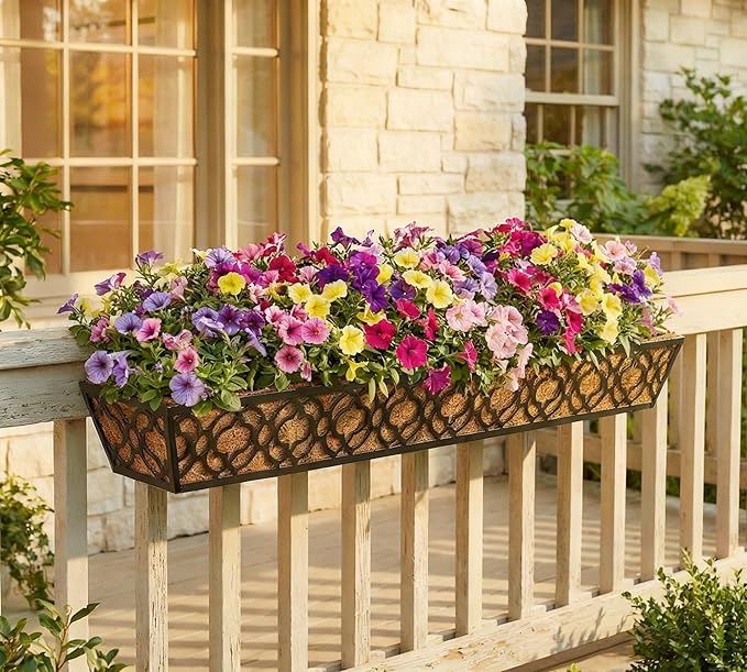 Y&M 36'' Deck Railing Planter Set with Coco Coir Liner, Large 4 Pcs Metal Deck Railing Planter Window Boxes for Outdoor Balcony, Porch, Patio, and Fence Rail