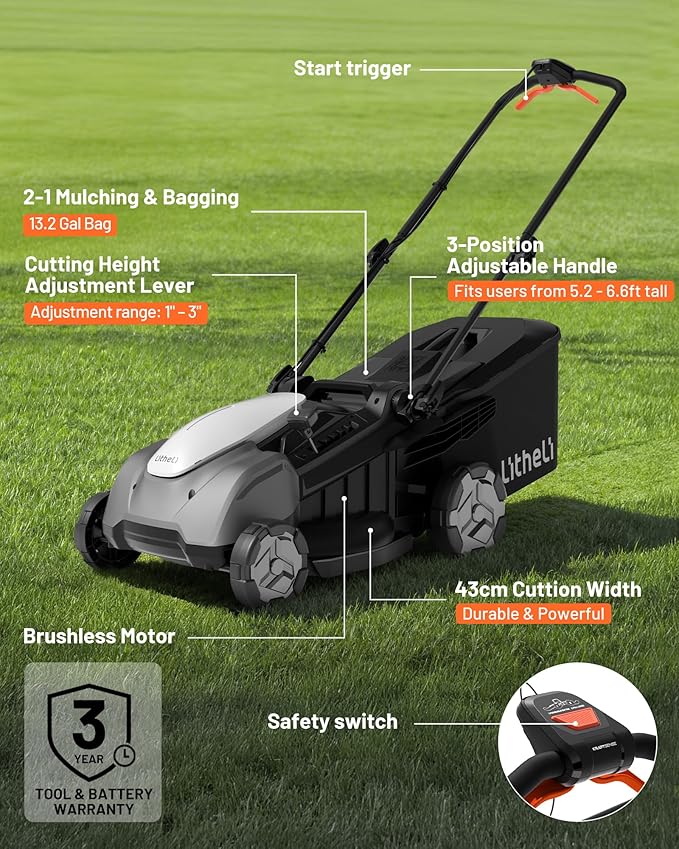 Litheli 40V 18" Cordless Lawn Mower, Brushless Motor, Electric Mower Battery Powered(2 x 5.0Ah Batteries), 2-in-1 Mulching & Bagging, for Small to Medium Yards