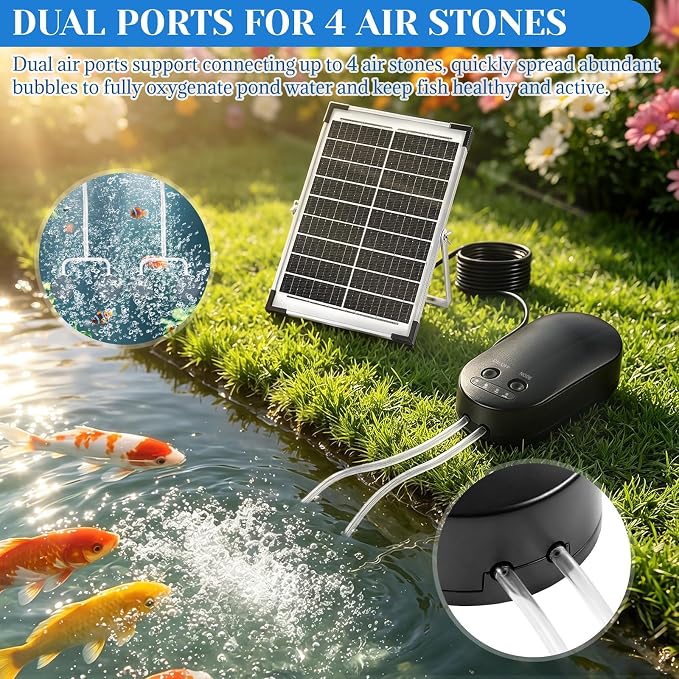 Yeomi 15W Solar Oxygen Pump, Solar Pond Aerator, Split Design Aquarium Oxygen Pump with Dual Air Ports, 22/55/110H Working Mode, Solar Aerator for Pond, Fish Tank, Aquarium, Hydroponics