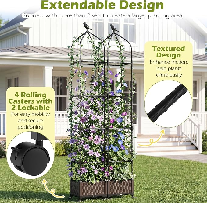 HAPPYGRILL Raised Garden Bed with Trellis, 83”H Self-Watering Tomato Cages, Adjustable Height, Indoor Outdoor Obelisk Planter Box w/Trellis & Wheels for Climbing Plants Vines Fruits