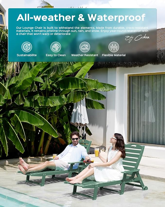 Outdoor Chaise Lounge Chair Set of 2, Patio Lounge Chairs for Outside, HDPE Lounge Chair with Wheels & Cup Holder, Poly Chair with 5 Position for Poolside, Deck, Green