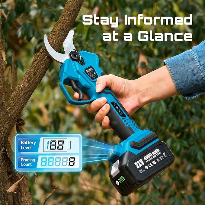 SEESII Electric Pruning Shears Cordless: Up to 1.6" Cutting Diameter Power Pruner - 2 Pcs 4.0Ah Batteries, Brushless Motor, Extra SK5 Blade, 4 Modes Adjustable Branch Cutter for Tree Flower Trimming