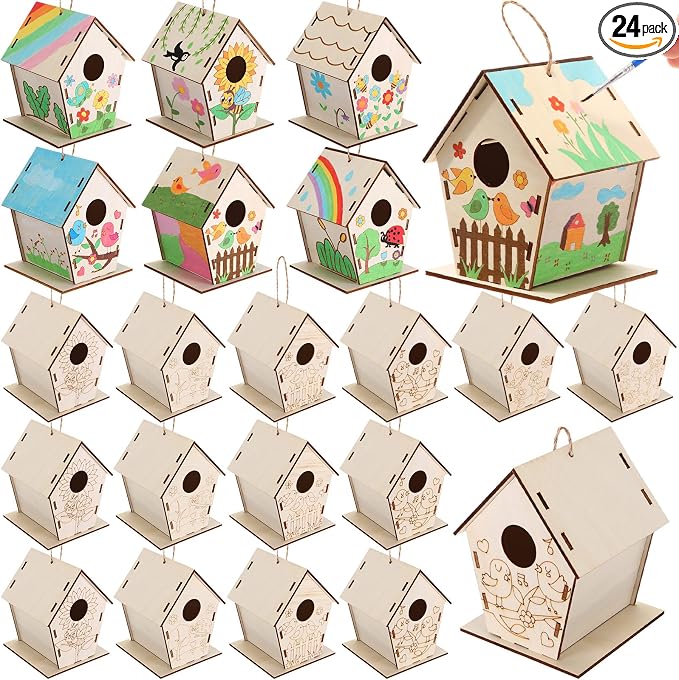DoubleFill 24 Pack Wooden Bird House Bulk for Kids Birdhouse Kit Wood Houses for DIY Unfinished Hanging Birdhouse Kits, Wooden Craft Houses to Paint Family Camping Summer Crafts