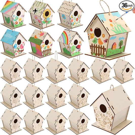 DoubleFill 36 Pack Wooden Bird House Bulk for Kids Birdhouse Kit Wood Houses for DIY Unfinished Hanging Birdhouse Kits Wooden Craft Houses to Paint VBS Craft Family Crafts