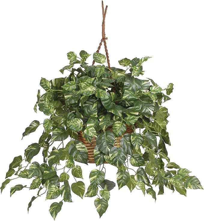 Nearly Natural Pothos Hanging Basket Silk Plant, 29" x 10.25" x 10.25"