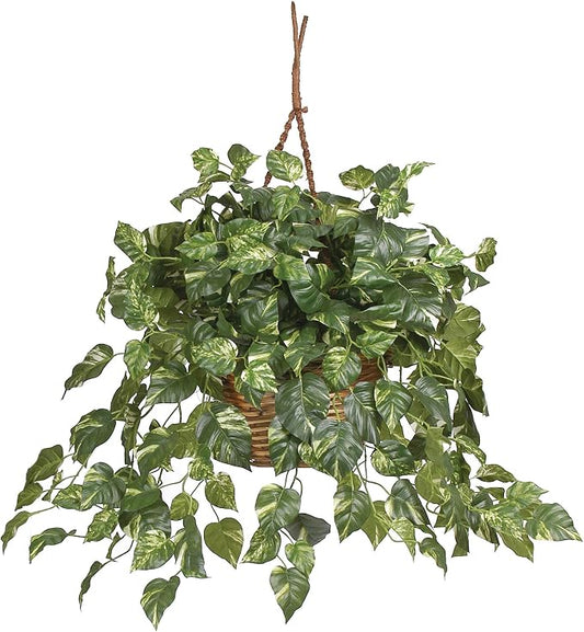 Nearly Natural Pothos Hanging Basket Silk Plant, 29" x 10.25" x 10.25"