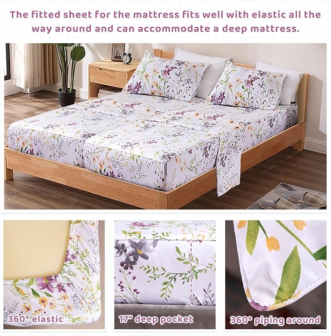 QSH 100% Cotton Sheets for Split King Size Bed - Floral Plant Pattern Botanical Luxury Cotton Printed Floral Bedding King Size Sheet with Deep Pockets 17" Soft and Breathable 5pcs