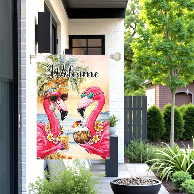 Welcome Garden Flag Flamingo Tropical Beach Scene Yard Flags Summer Coastal Island Double Sided Polyester Pink Flamingo House Flags for Lawn Pool Palm Tree Seaside Home Decor 28 x 40 Inch