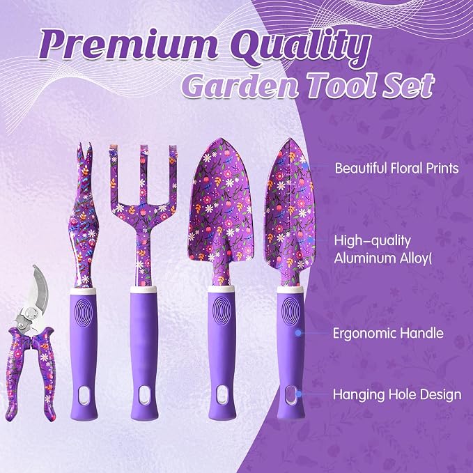 Lifecapido Gardening Gifts for Women, Garden Tool Set, 14 PCS Gardening Tools Set Kit with Tool Bag, Plant Lover Birthday Christmas Mothers Day Garden Tools Gifts for Gardeners Women Mom (Purple)