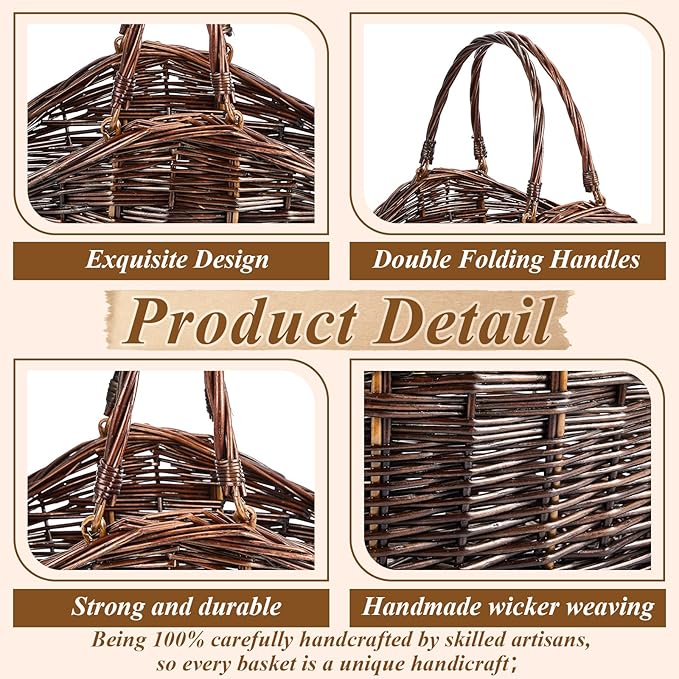 Juexica 2 Pcs Wicker Basket Set - Harvest Baskets for Gathering, Foraging, Garden Trug, Easter, Flowers, Fruit, Storage & Organizing Gift, Large & Medium Dark Brown