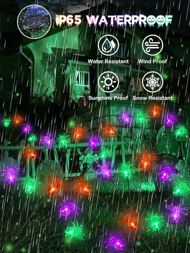 6 Pack Halloween Decorations Outdoor Solar Spider Garden Lights, Purple Orange and Green Scary Spider Swaying Firefly Lights with 2 Modes, Waterproof Halloween Pathway for Yard Garden Party Decor