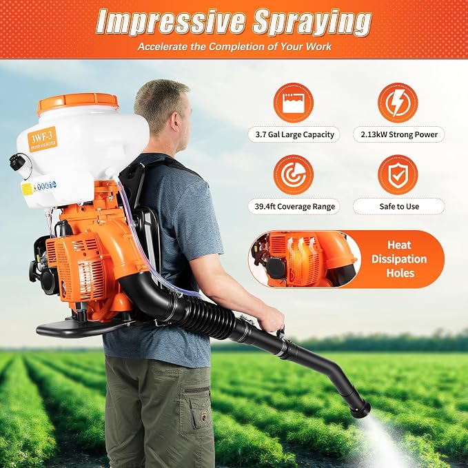 Backpack Fogger Sprayer, 3.7 Gallon Gas Powered Backpack Blower with Sprayer Powder and Liquid Mister Duster System for Effective Fleas Ticks Critters Control, Gardening & Farming