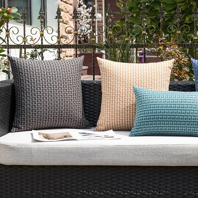 Kevin Textile Outdoor Waterproof Throw Pillow Covers Pack of 2 Boho Farmhouse Decorative Euro Sham Cushion Covers for Garden Patio Tent Balcony Bench Couch Sofa 26x26 Inch, Light Brown