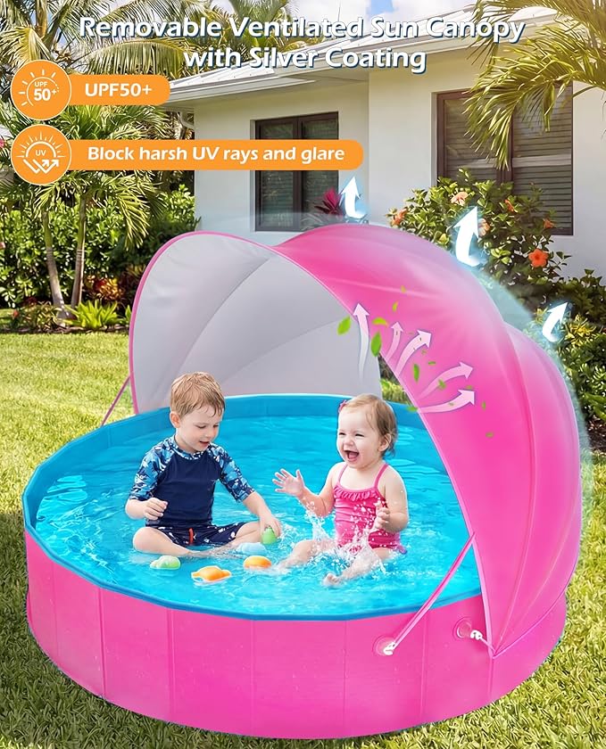 Jasonwell Kiddie Baby Pool with Canopy - Foldable Infant Toddler Kids Pool with Shade Baby Beach Essentials Tent Swimming Wading Pools for Toddlers 1-3 + Kids Dogs Ball Pit Backyard Water Play R, 48"