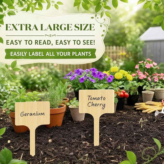 Hicarer 30 Pcs 11.74" x 6" Extra Large Bamboo Garden Markers, Natural Wood T-Type Large Plant Labels for Herbs, Flowers & Vegetables – Easy to Read Full-Size Tags for Garden Outdoor