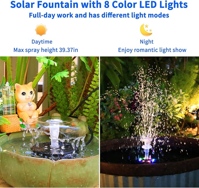 AISITIN 14W Rechargeable Solar Fountain with 4400mAh Battery, LED Colorful Lights, Remote Control & Superior Solar Glass Panels, DIY Solar Powered Water Fountain Pump for Bird Bath, Pond