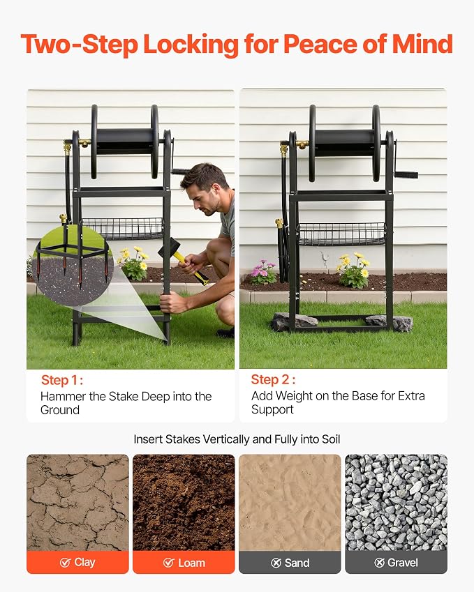 VEVOR Freestanding Garden Hose Reel, Holds 125 Feet of 5/8-inch Hose, Wall Mount or Ground Mount, Detachable Holder Stand with Storage Rack, 5 ft Leader Hose, Brass Fitting, 4 Spikes, for Backyards