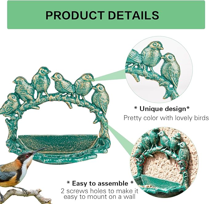 Sungmor Cast Iron Wall Mounted Bird Feeder, Cute Bird Decor Small Water Bath, Wall Hanging Fence Mount Bird Bath Feeder, Beautiful Green Birdfeeder for Garden Backyard Patio Wall Decoration