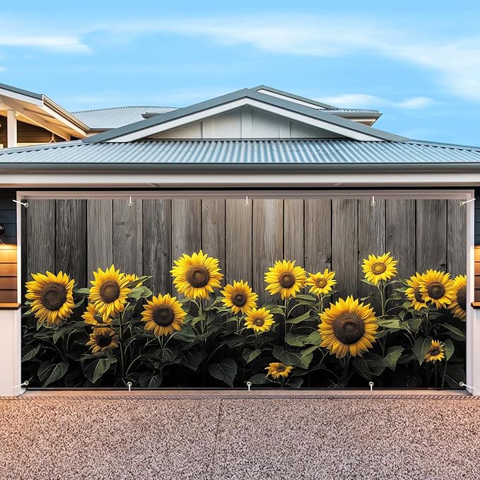 7 * 16FT Summer Sunflower Garage Door Cover Decorations Sunflower Fence Garage Door Banner for Outdoor Indoor Summer Party Photography Backdrop
