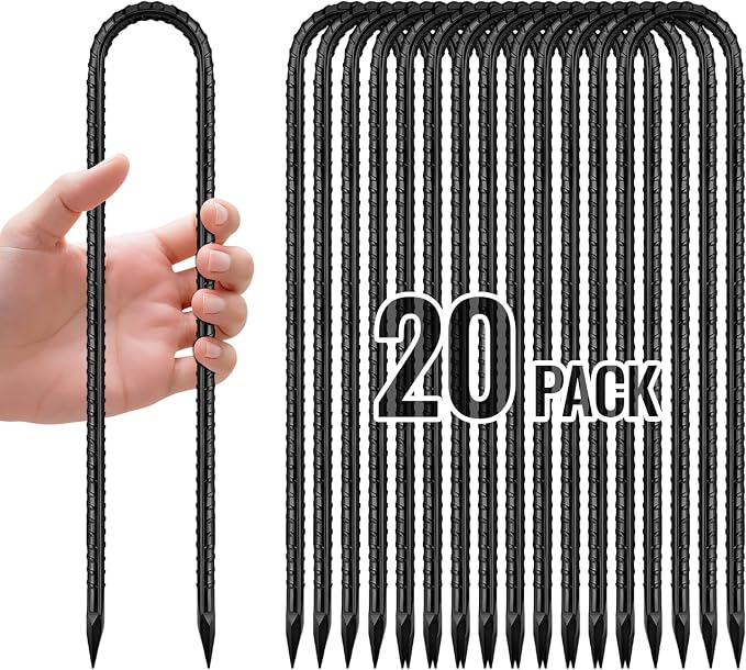 12 Inch Rebar Stakes, U Hook Ground Stakes 20 Pack Black Ground Anchors for Tent Heavy Duty for Plants Anti-Rust Landscape Fabric Artificial Turf