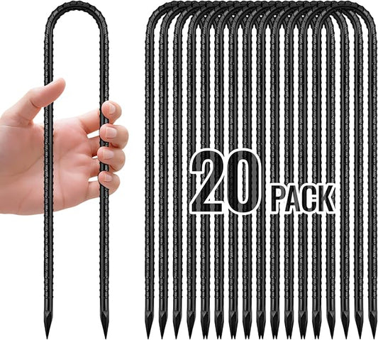 12 Inch Rebar Stakes, U Hook Ground Stakes 20 Pack Black Ground Anchors for Tent Heavy Duty for Plants Anti-Rust Landscape Fabric Artificial Turf