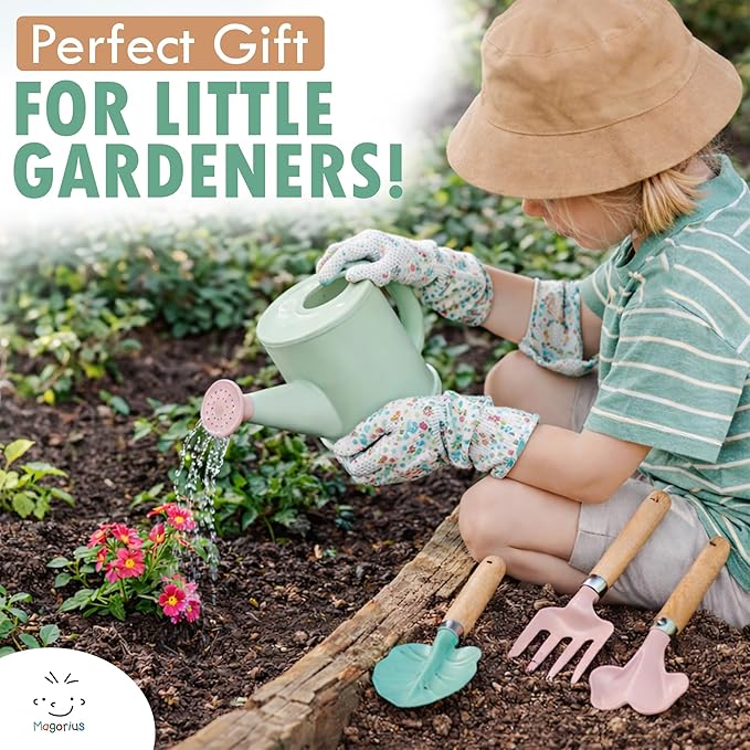 Kids Gardening Tools Set - 9 Piece Real Metal Tools with Sturdy Wood Handles, Includes Washable Apron, Hat, Tote Bag and Watering Can - STEM Outdoor Learning Gift for Boys and Girls.