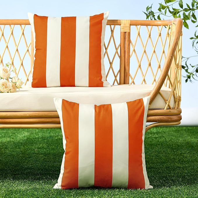 Allorry Outdoor Pillow Covers 18x18 Set of 2 Orange Striped Decoration Throw Pillow Covers for Spring Summer Outdoor Waterproof Garden Patio Furniture Sofa Bed Home Decor JB007-I18