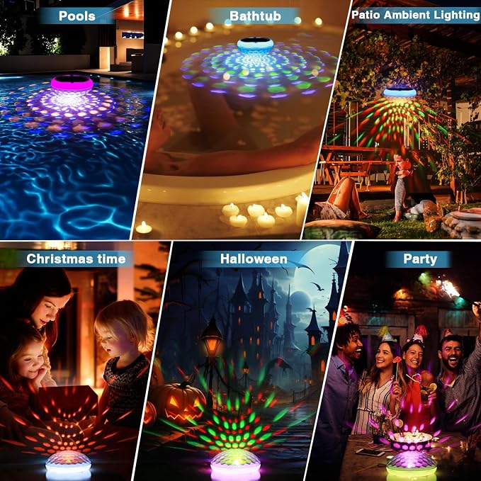 BOXPSII Solar Floating Pool Lights(4 PCS), USB Rechargeable Pool Lights, 2600mAh 6.7" IP68 Waterproof Pool Lights that Float with Remote, RGB 13 Colors Upper and Lower Glow Hangable Floating Light