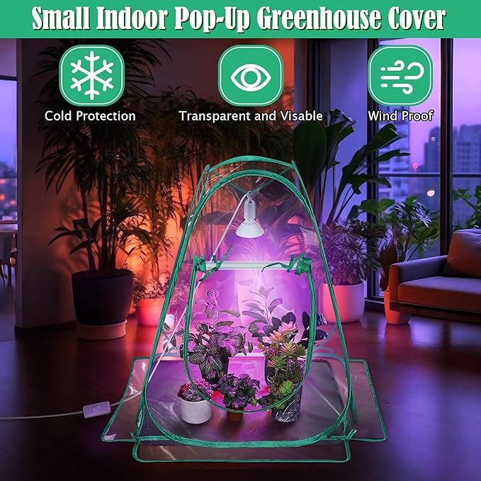 Meonum 1 Pack Mini Greenhouse with 10W 200 LED Grow Light Bulbs for Indoor, 27" x 27" x 30" Pop Up Small Greenhouse Cover with Bottom Waterproof Bottom Mat for Indoor Outdoor Plants Seed Starting