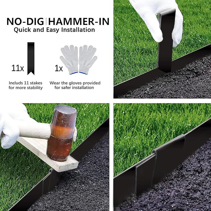 Worth Garden 6-Pack 4.5" H. Galvanized Steel Landscape Edging w/Black Powder Coating - 40" L x 4.5" H Strips - Hammer-in 16-Gauge Metal Edging Border w/ 7 Clips - Edge for Lawn Yard (20Ft Total)